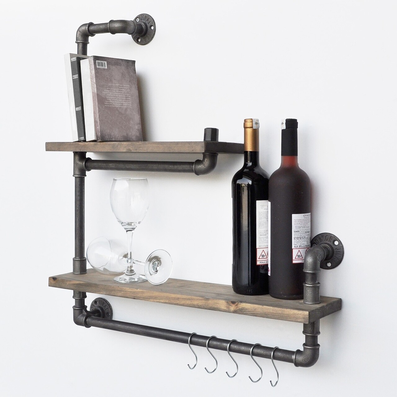 Raft depozitare bucatarie, Evila Originals, BoruRaf019, 60 x 58 x 14 cm, lemn de molid/metal, nuc/negru - imagine 4